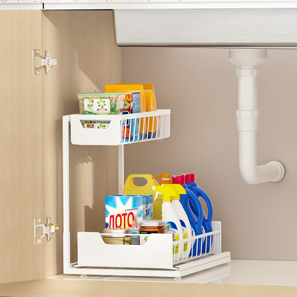 Two-Tier Sliding Under Sink Organizer for Kitchen and Bathroom Cabinets, Metal Pull-Out Storage Rack in Black, White or Gray with Single and Two-Pack Options