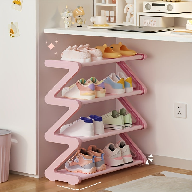 Z-Shaped Shoe Rack with Listed Four-Tier Design and Tool-Free Assembly, Metal Tubes and Plastic Connectors in Five Color and Model Options for Dorm Storage