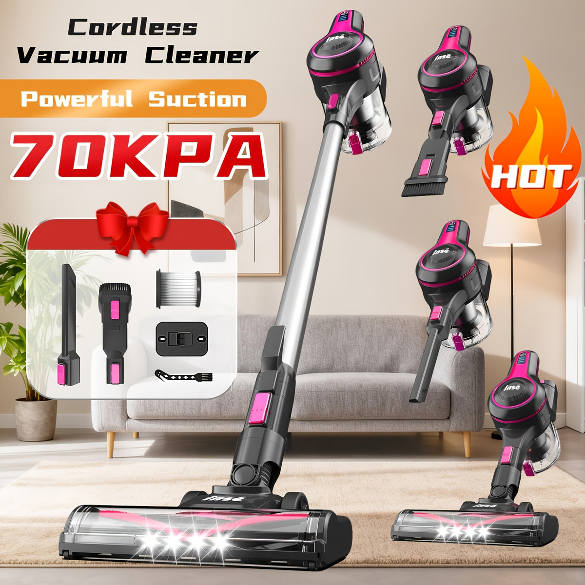 INSE Cordless Vacuum Cleaner, 6-in-1 Rechargeable Home Vacuum with Detachable Battery, LED Brush and 50.5oz Dust Cup for Hardwood, Carpet and Pet Hair