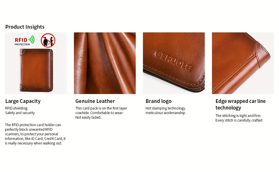 RFID Blocking Leather Wallet for Men with Listed Two ID Windows and Vintage Short Design, Yellow Brown, Grey Blue and Black Bifold Style Options