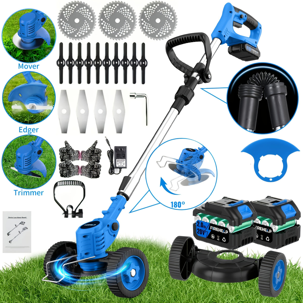 Rechargeable Garden Grass Trimmer with Cordless Electric Operation, Listed Three Blade Types and Selected Dual 2Ah Battery Packages for Home Lawn and Yard Care