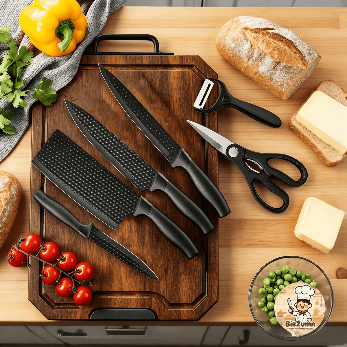 Kitchen Chef Knife Set for Everyday Food Preparation, Listed 5Cr15MoV Steel Blades with PP Handles in Black 3- or 6-Piece and Brown 7-Piece Options