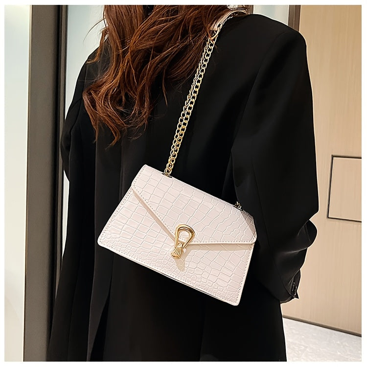 Reptile-Pattern Crossbody Bag for Women with Chain Strap Styling and Gold-Tone Hardware, White, Green or Rose Red Shoulder Purse for Casual and Evening Outfits