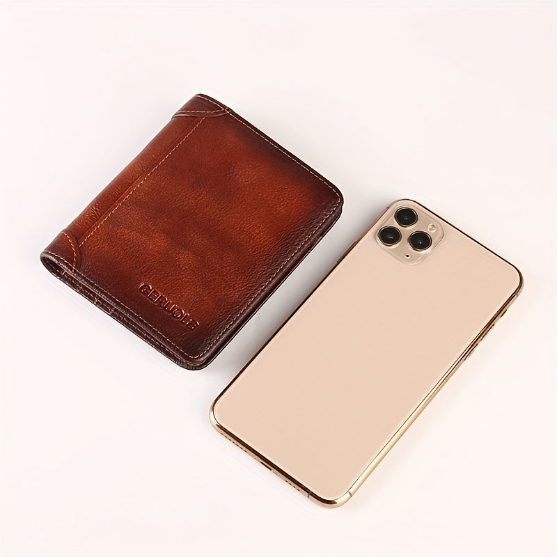 RFID Blocking Leather Wallet for Men with Listed Two ID Windows and Vintage Short Design, Yellow Brown, Grey Blue and Black Bifold Style Options