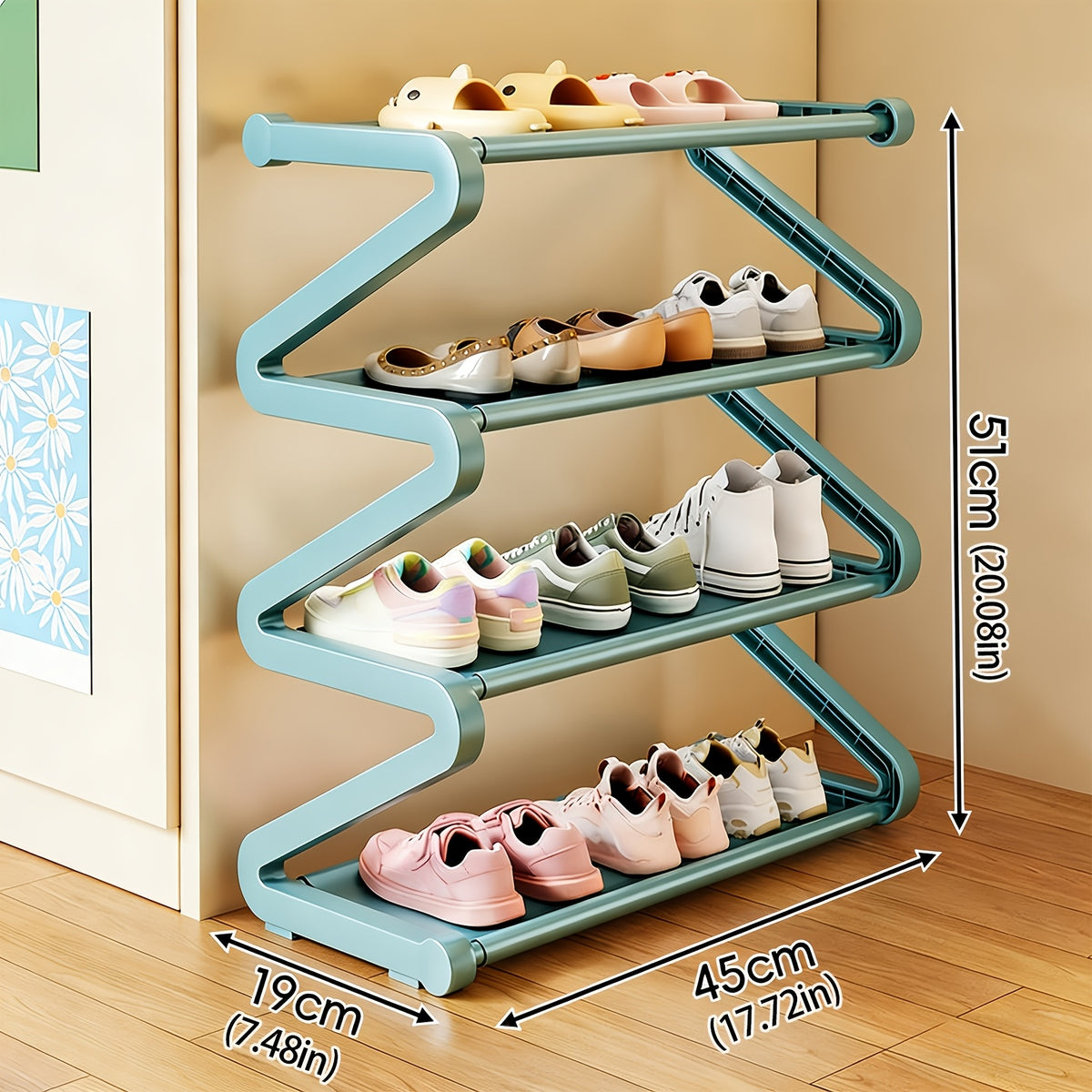 Z-Shaped Shoe Rack with Listed Four-Tier Design and Tool-Free Assembly, Metal Tubes and Plastic Connectors in Five Color and Model Options for Dorm Storage