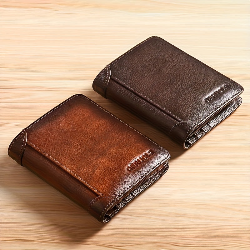 RFID Blocking Leather Wallet for Men with Listed Two ID Windows and Vintage Short Design, Yellow Brown, Grey Blue and Black Bifold Style Options