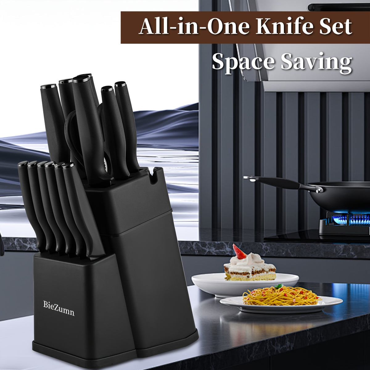 BieZumn Kitchen Knife Set with Black 3-Piece or 14-Piece Options for Everyday Home Cooking, Fruit Preparation and Meal Prep, Multi-Purpose Kitchen Cutlery Selection