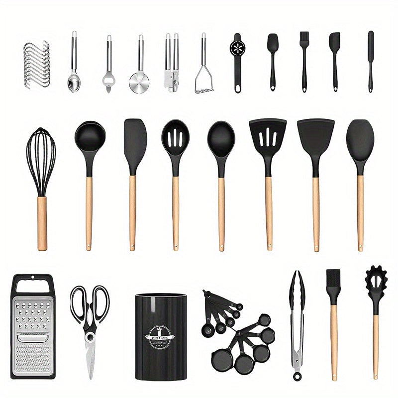 Silicone Cooking Utensil Set, 37 or 44-Piece Kitchen Tool Options in Five Colors for Beginner Cooks, Everyday Meal Preparation and Housewarming Gifts