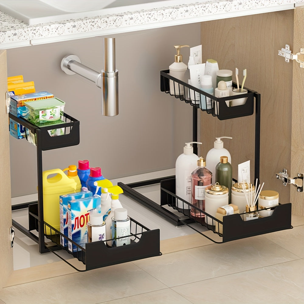 Two-Tier Sliding Under Sink Organizer for Kitchen and Bathroom Cabinets, Metal Pull-Out Storage Rack in Black, White or Gray with Single and Two-Pack Options
