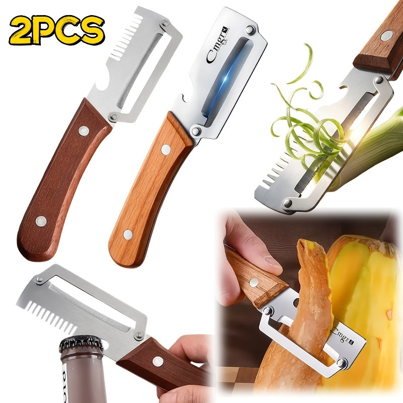 Wooden Handle Vegetable Peeler Set, Two-Piece Stainless Steel Blade Kitchen Tools with Listed Bottle Opener Function for Potatoes, Apples and Zucchini