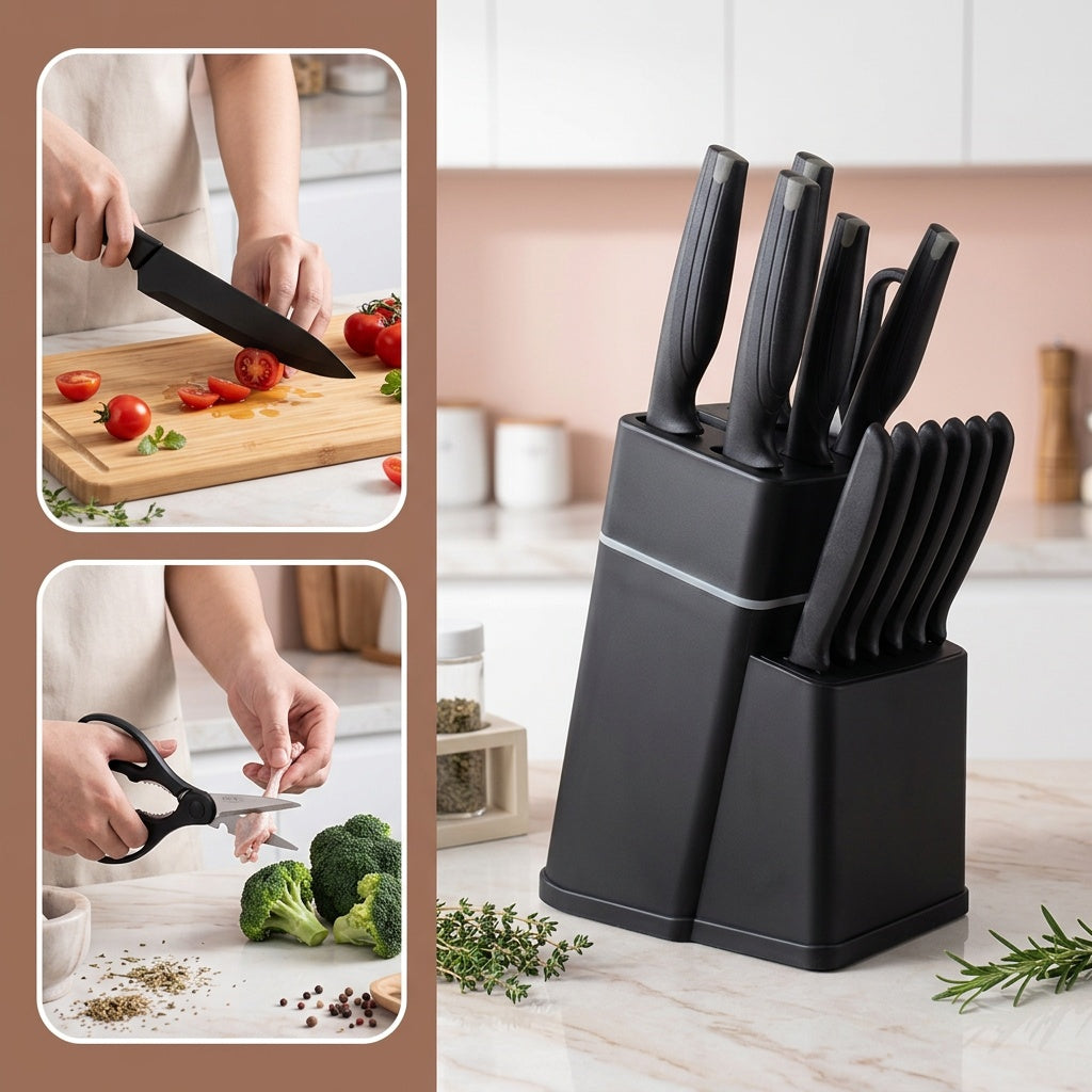 Kitchen Knife Set with Black Storage Block, Listed 15-Piece Collection with Chef's Knife, Kitchen Shears and High Carbon Stainless Steel for Home Meal Preparation
