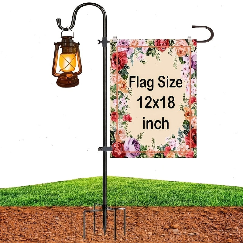 48-Inch Garden Flag Stand with Shepherd Hooks and Four-Claw Base, Holder for Small Flags up to 12 x 18 Inches, Yard Decor Support, Flags and Lanterns Not Included