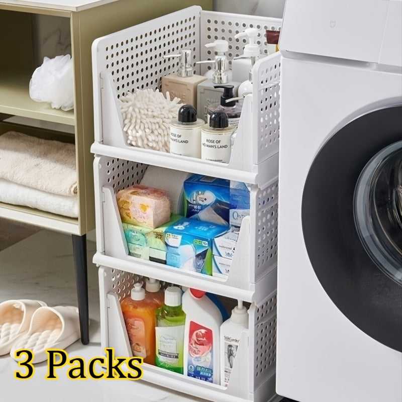 Stackable Closet Storage Baskets, 3-Piece Foldable Organizer Set with Listed 16.73 x 13.11 x 7.2 Inch Bins for Clothes, Files and Household Essentials