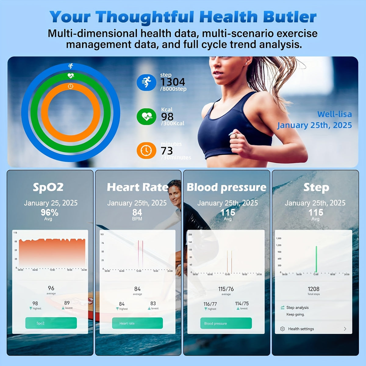 Sleep Tracker Smart Ring with SmartHealth App for iPhone and Android, Step and Calorie Estimates, Temperature and Cycle Tracking, Three Finishes in Sizes 7-13
