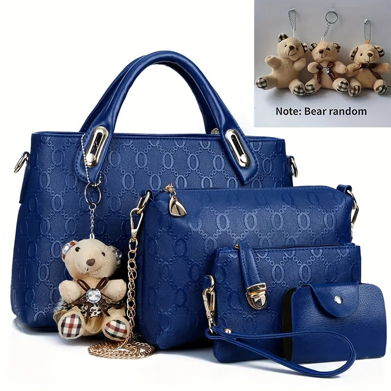 Women's Four-Piece Handbag Set with Random-Style Bear Pendant Reference, Black, Beige, Golden or Deep Blue Options for Daily Commuting and Casual Outings