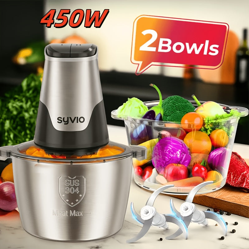 450W Two-Bowl Food Processor with Two Speed Settings and Four Bi-Level Blades, Electric Meat and Vegetable Chopper for Onions and Everyday Meal Prep