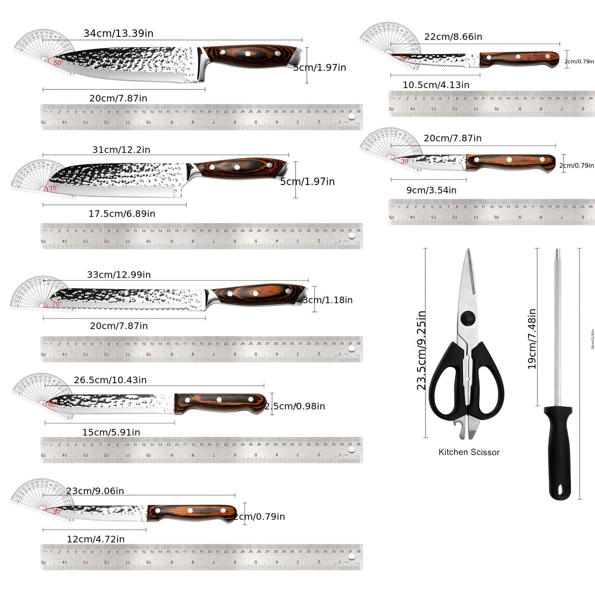 Hammered Kitchen Knife Set in Stainless Steel with Listed Wooden Handles, Storage Block and Sharpener for Home Cooking, 15-PCS or 20-PCS-Black Options