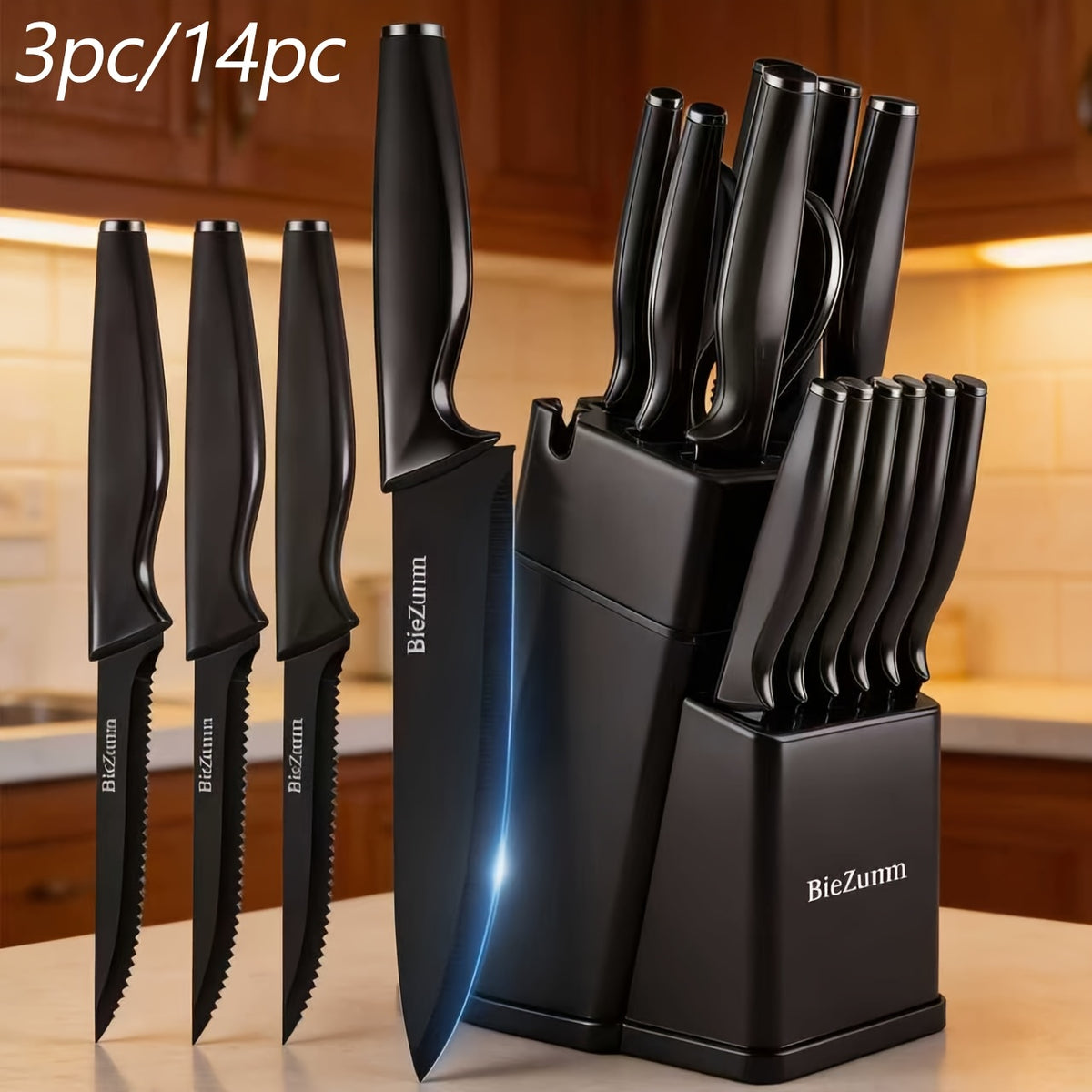 BieZumn Kitchen Knife Set with Black 3-Piece or 14-Piece Options for Everyday Home Cooking, Fruit Preparation and Meal Prep, Multi-Purpose Kitchen Cutlery Selection