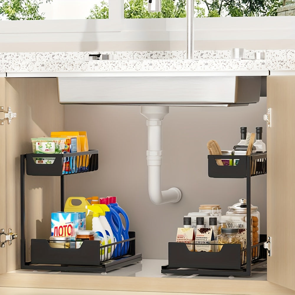 Two-Tier Sliding Under Sink Organizer for Kitchen and Bathroom Cabinets, Metal Pull-Out Storage Rack in Black, White or Gray with Single and Two-Pack Options