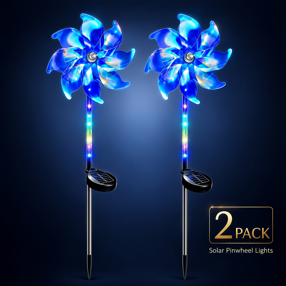 Solar Windmill Garden Lights 2-Pack with Color-Changing and 360-Degree Rotating Design, Colorful Purple or Blue Style Options for Patio and Path Displays
