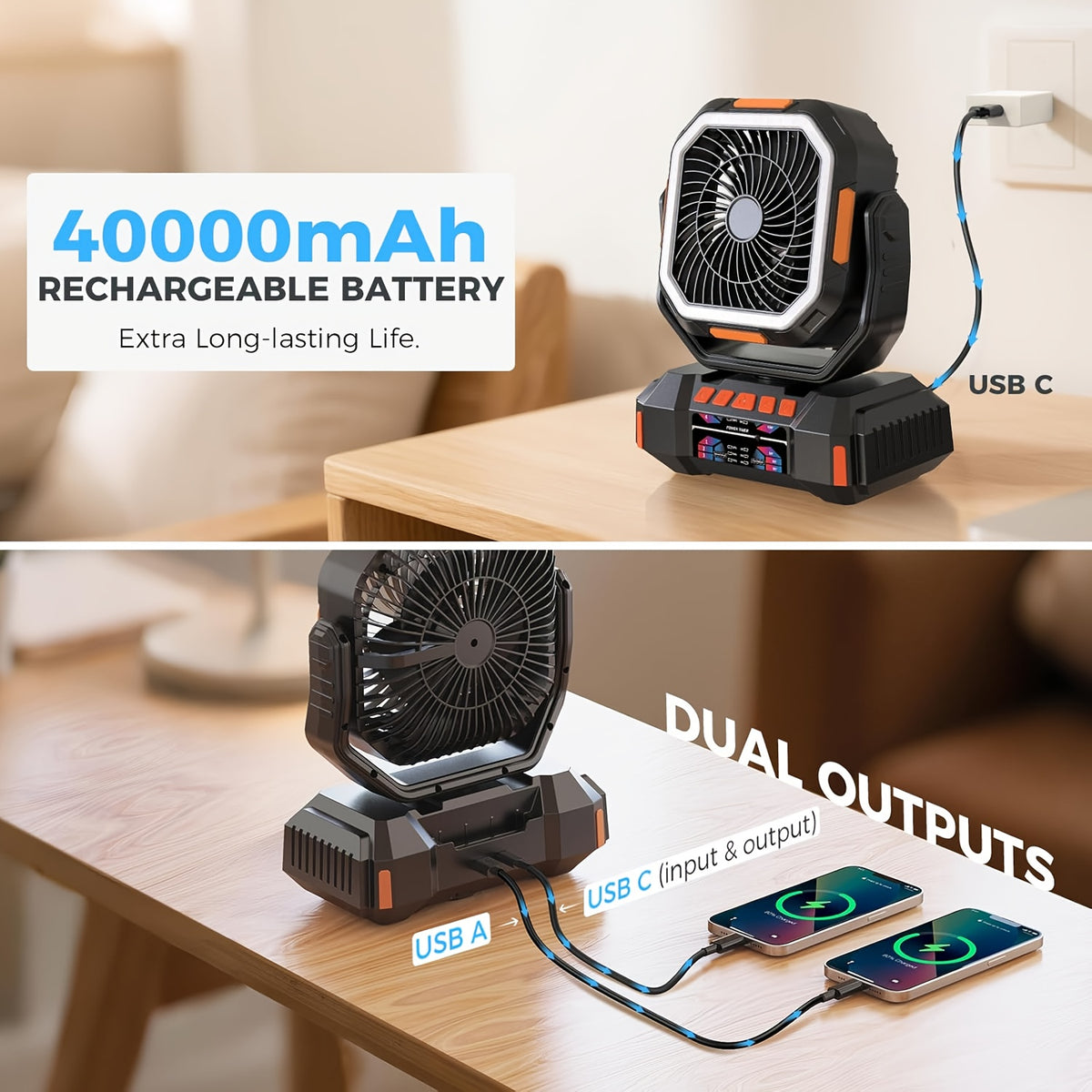 Portable Camping Fan with Listed 40000mAh Capacity, LED Light, Hanging Hook, Remote Control, Timer and Auto Oscillation in Green, Orange or Black