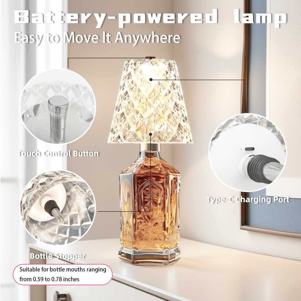 Rechargeable LED Bottle Table Lamp with Dimmable Lighting and Acrylic Lampshade, Crystal Style, Quantity 2 Option for Office and Wine-Themed Decor