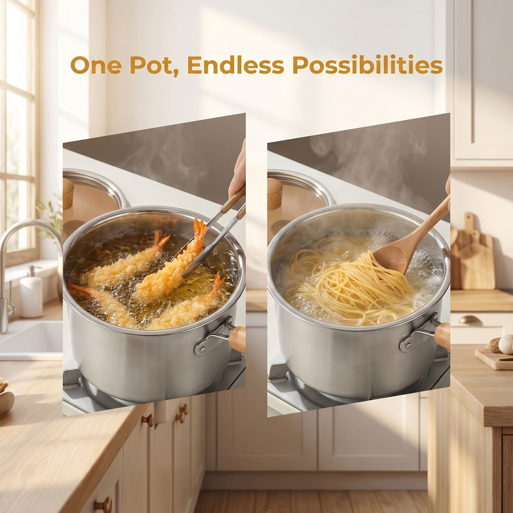 Stovetop Deep Fryer Pot with Frying Basket and Glass Lid, Listed 304 Stainless Steel Tempura Cookware for Fish, Shrimp, Chicken and Fries on Induction or Gas