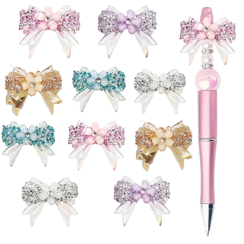 Rhinestone Bow Beads with Colorful Transparent Cut-Design Styling, Listed 10-Piece Craft Set for Personalized Jewelry, Beaded Pens, Keychains and Handmade Gift Projects