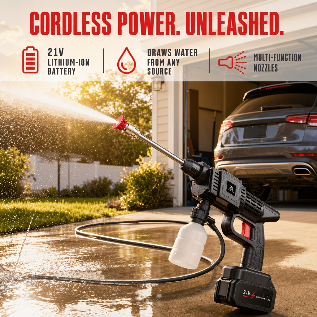 Rechargeable Pressure Washer Kit with Listed 30 Bar/435 PSI Output, One or Two Battery Options, Water Hose and Foam Nozzles for Car, Yard and Garden Cleaning