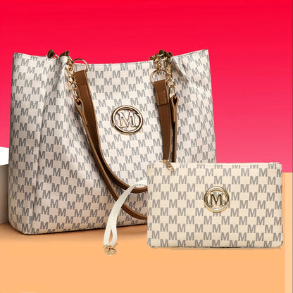 Lotus Print Shoulder Bag Set for Women with M Letter Pattern and M-Shaped Hardware, Listed Two-Piece Fashion Set with Fixed Shoulder Strap in Brown, Black or Beige