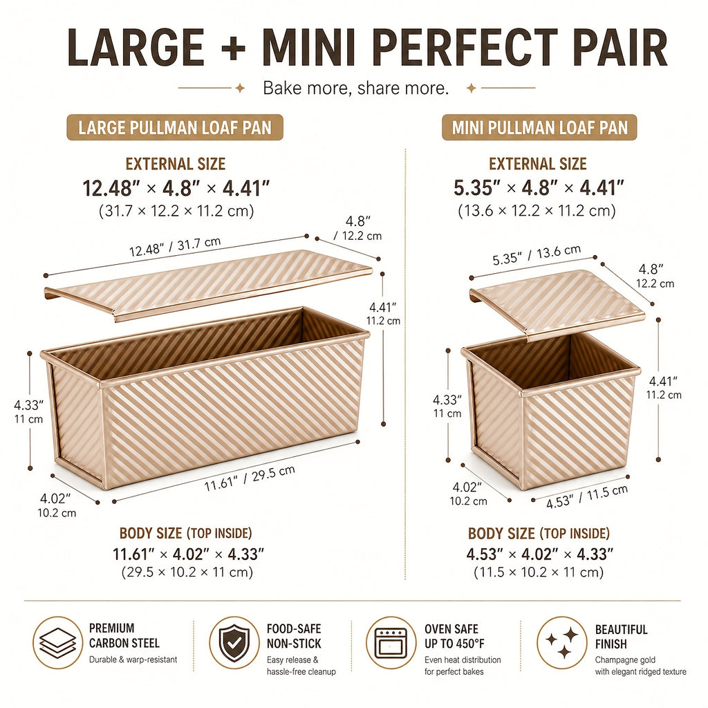 Pullman Loaf Pan Set with Lids, Golden Nonstick Corrugated Carbon Steel Bread Pans in Listed 2.2 LB and 0.5 LB Sizes for Sandwich Bread, Sourdough and Toast