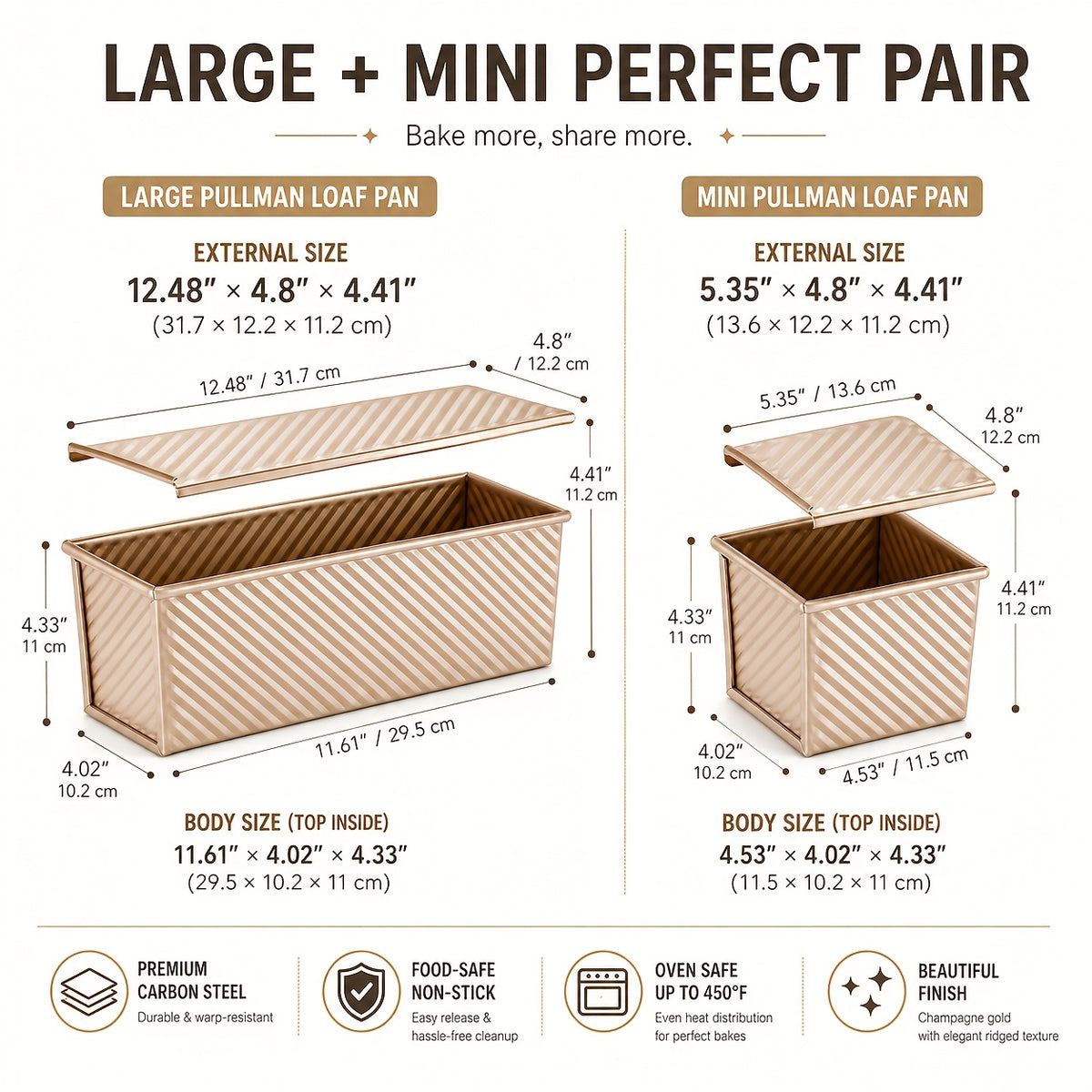 Pullman Loaf Pan Set with Lids, Golden Nonstick Corrugated Carbon Steel Bread Pans in Listed 2.2 LB and 0.5 LB Sizes for Sandwich Bread, Sourdough and Toast