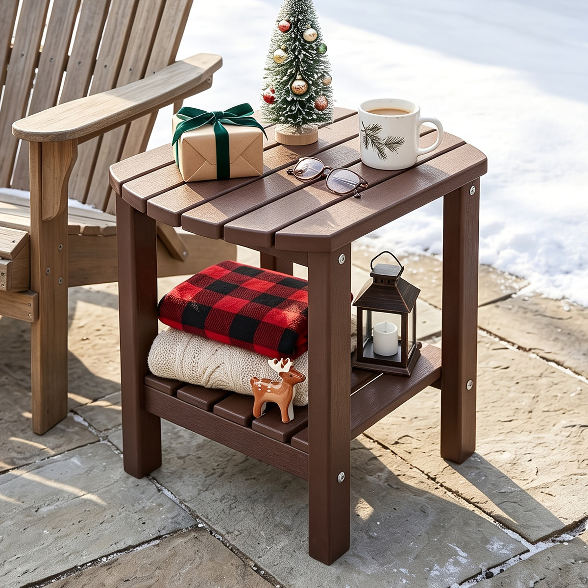 HDPE Adirondack Side Table with Rounded Corners and Two-Tier Storage, YXHDPE006 Patio End Table in Five Colors for Porch, Deck, Garden and Indoor Accent Use