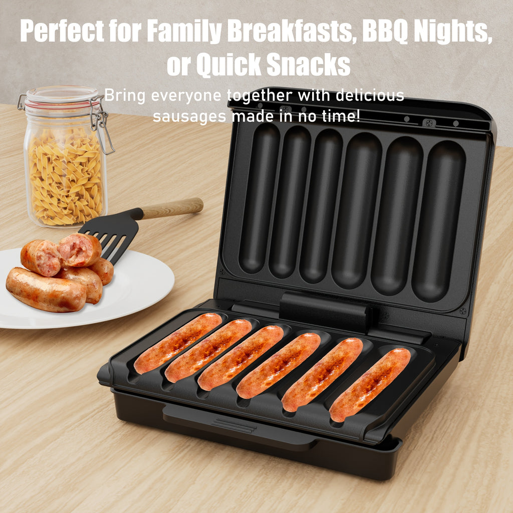 Six-Slot Electric Hot Dog Maker, Nonstick Sausage Grill with Grease Drip Tray, Power and Ready Indicator Lights, Cord Storage for Breakfasts and Snacks