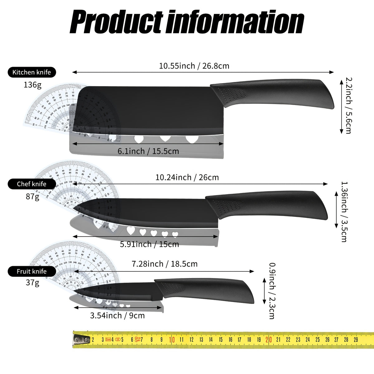 Kitchen Chef Knife Set for Everyday Food Preparation, Listed 5Cr15MoV Steel Blades with PP Handles in Black 3- or 6-Piece and Brown 7-Piece Options
