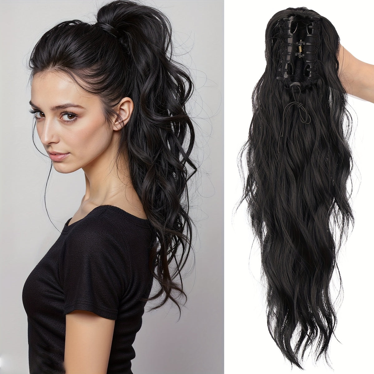 16-Inch Water Wave Ponytail Extension for Women, Synthetic Curly Hairpiece with Clip Attachment and Multiple Color Options for Daily Wear and Parties