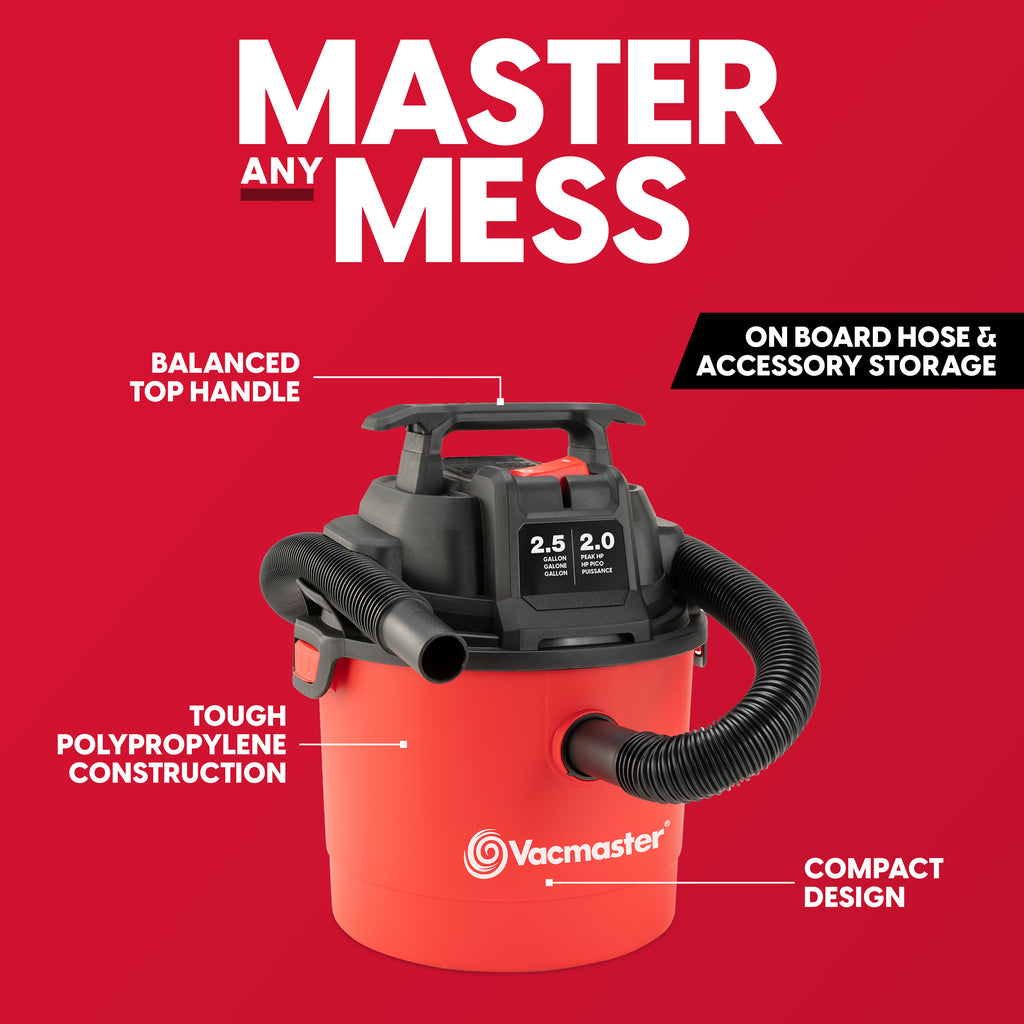 Vacmaster Wet Dry Vacuum Cleaner, 2.5 Gallon Portable Shop Vacuum with Listed 2 Peak HP, Blower Function, Wall-Mount Design and On-Board Storage for Home Cleanup