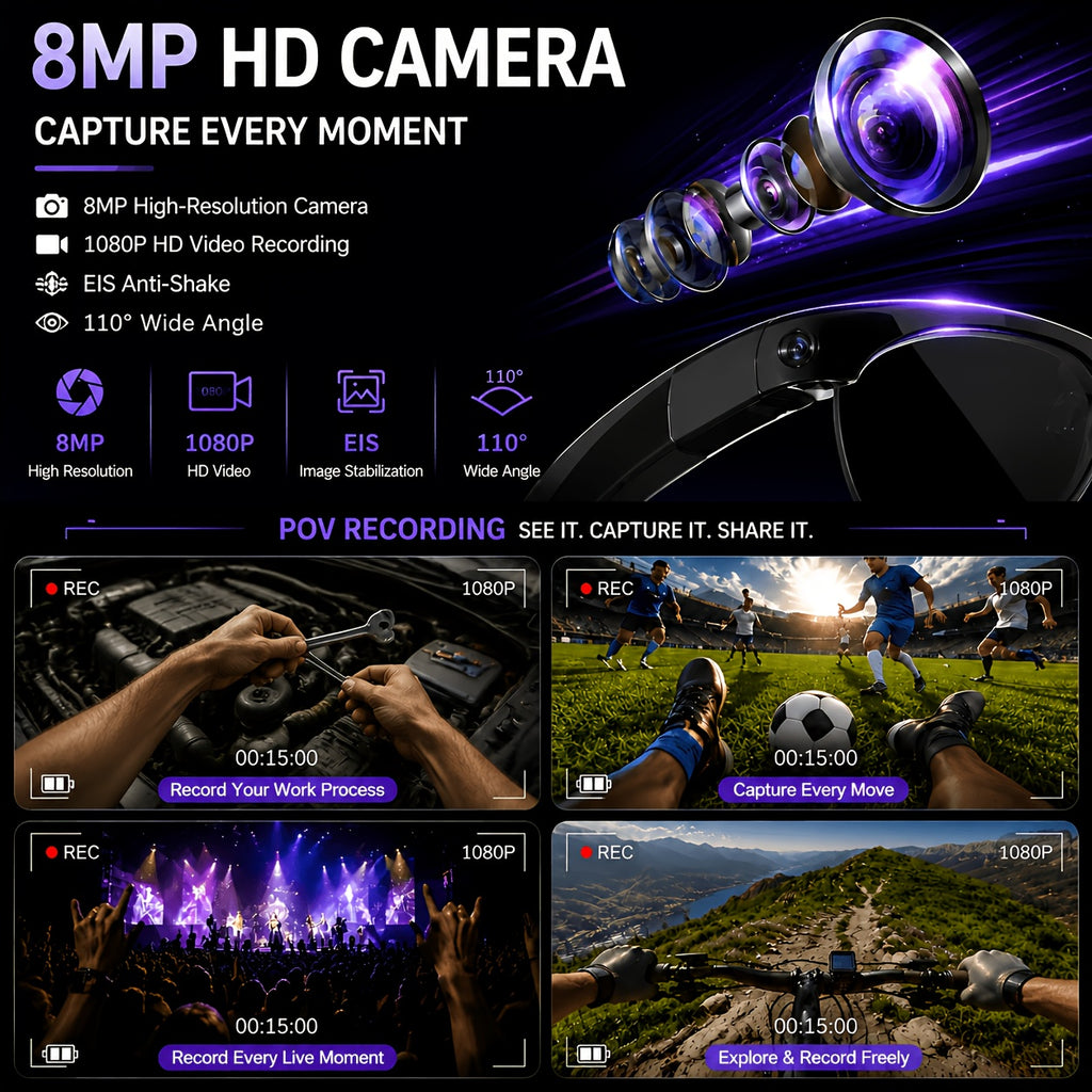Replaceable-Lens AI Smart Glasses with Listed 8MP Camera, Image Stabilization, Video and Audio Recording, Translation, Voice Control and Music Playback