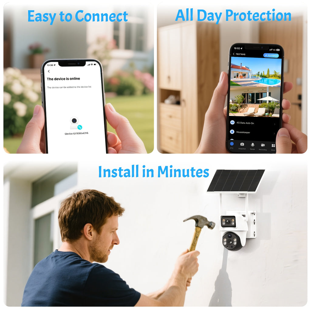 Dual-Lens Cellular Solar Security Camera, US-Only 4G LTE Outdoor Monitor with Solar Panel, Pan Tilt, Color Night Vision and Two-Way Audio, No WiFi