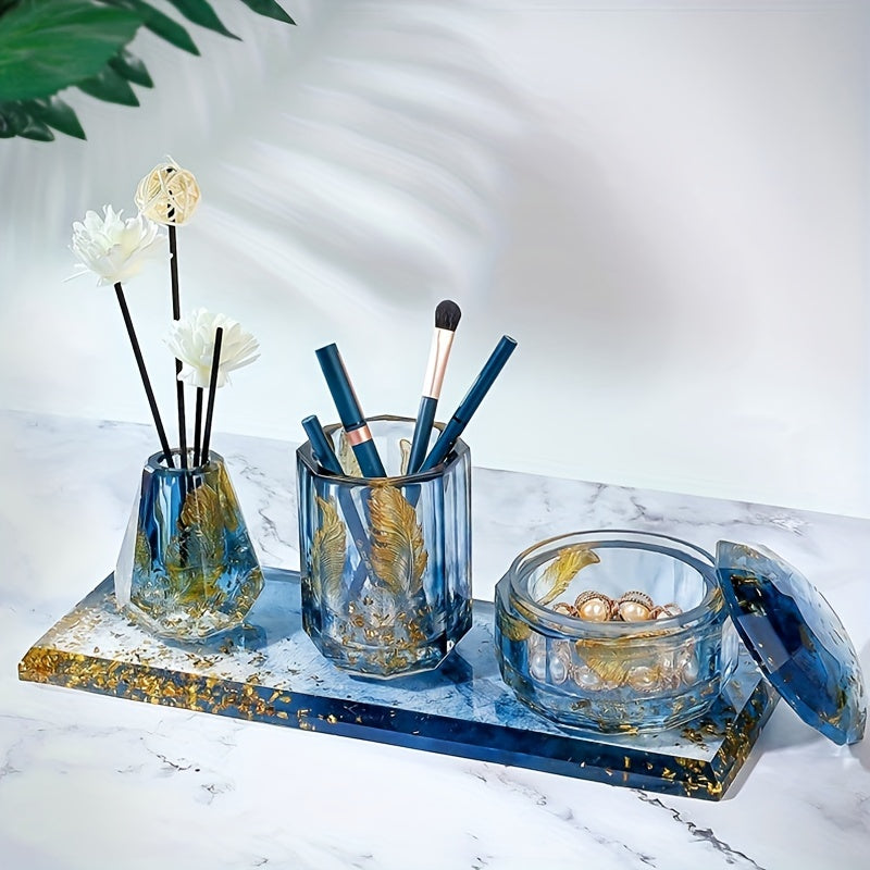 Bathroom Organizer Resin Mold Set with Four Listed Silicone Pieces, Toothbrush Holder Cup, Diffuser Bottle, Tray and Lidded Jar Design Wording for DIY Casting