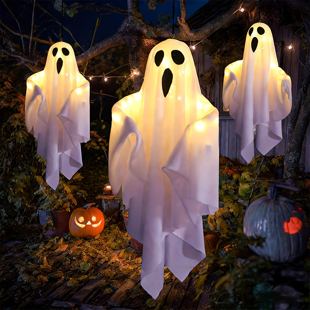 LED Hanging Ghost Decorations 3-Pack, Listed 20-Inch White Polyester Halloween Ghosts for Indoor Parties and Suitable Porch, Tree and Yard Displays