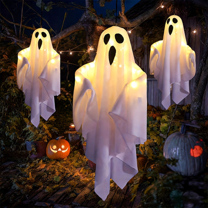 LED Hanging Ghost Decorations 3-Pack, Listed 20-Inch White Polyester Halloween Ghosts for Indoor Parties and Suitable Porch, Tree and Yard Displays