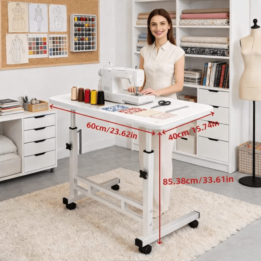 Height Adjustable Craft Table with Double Storage Shelves and Four 360-Degree Wheels, Rolling Sewing and Knitting Organizer for Bedrooms and Living Rooms