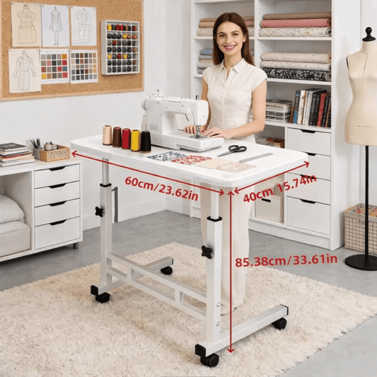 Height Adjustable Craft Table with Double Storage Shelves and Four 360-Degree Wheels, Rolling Sewing and Knitting Organizer for Bedrooms and Living Rooms