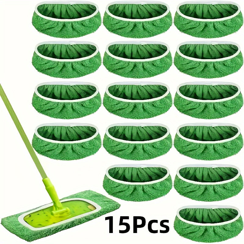 Reusable Microfiber Mop Pads in Green, 15 Washable Cleaning Cloths for Dry Sweeping and Wet Mopping with Listed Swiffer Sweeper Compatibility, Mop Not Included