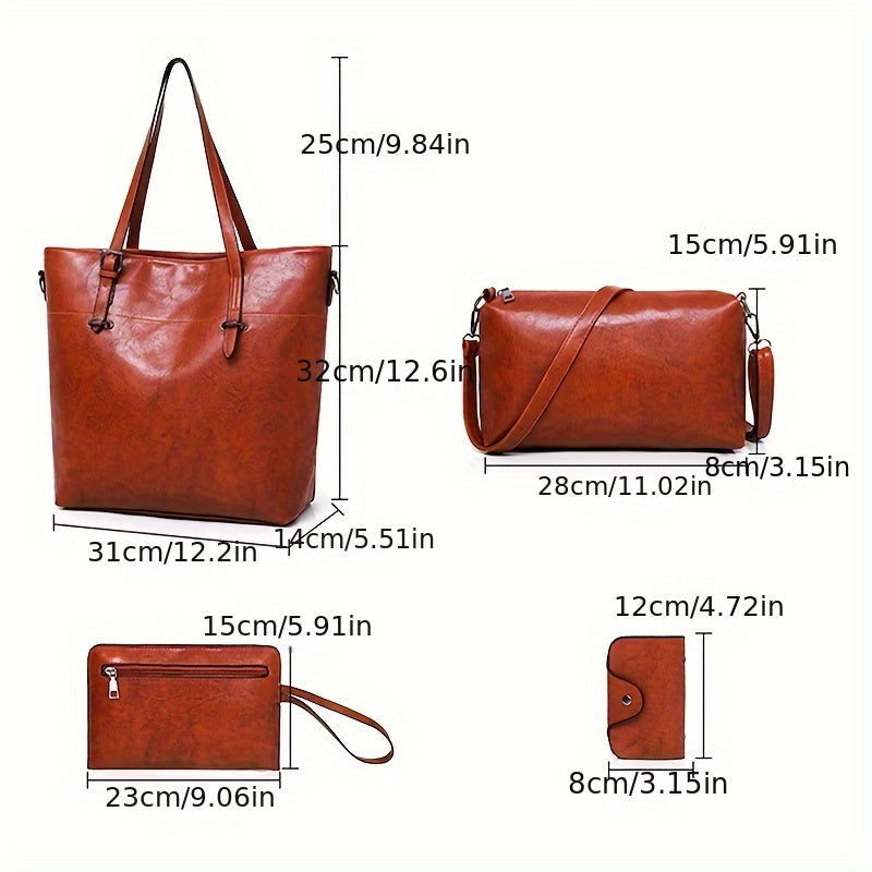 Retro PU Handbag Set for Women, Listed Four-Piece Tote, Crossbody, Shoulder Bag and Wallet Collection in Brown Plus, Black Plus or Blue for Shopping and Date Nights