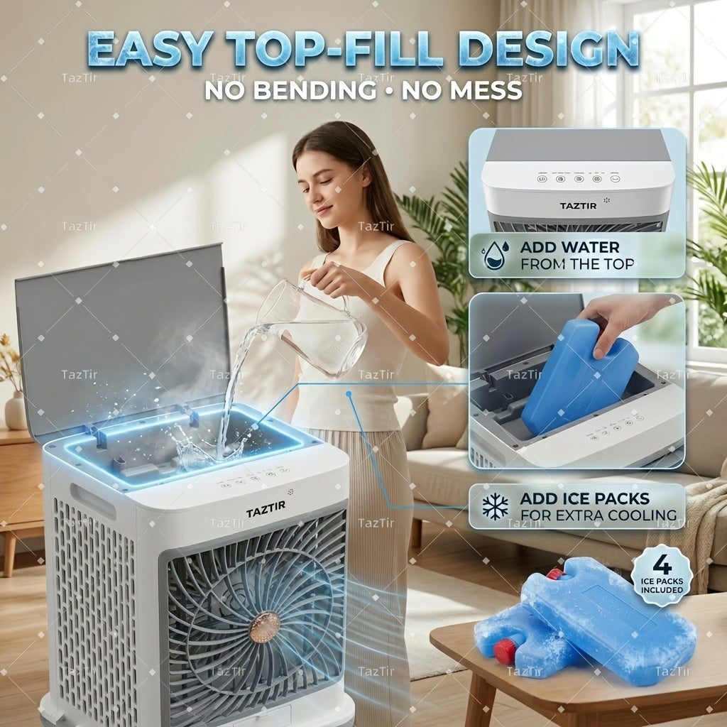 TAZTIR 2200 CFM Evaporative Air Cooler, 8.7 Gal Tank Swamp Cooler with 120° Swing, 3 Speeds, 35dB Quiet Operation and 4 Ice Packs, Portable Cooling Fan for Bedroom, Office, Patio, Garage, Warehouse and Large Spaces