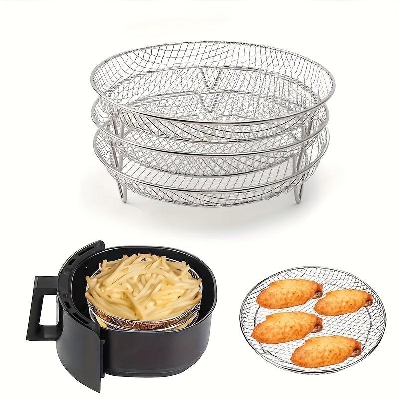 Stainless Steel Air Fryer Rack 7-Piece Set, Stackable Dehydrator Rack with Clip for 4.2 to 5.8 QT Air Fryers, Reusable Round Baking Rack, Washable Air Fryer Accessories for Cooking