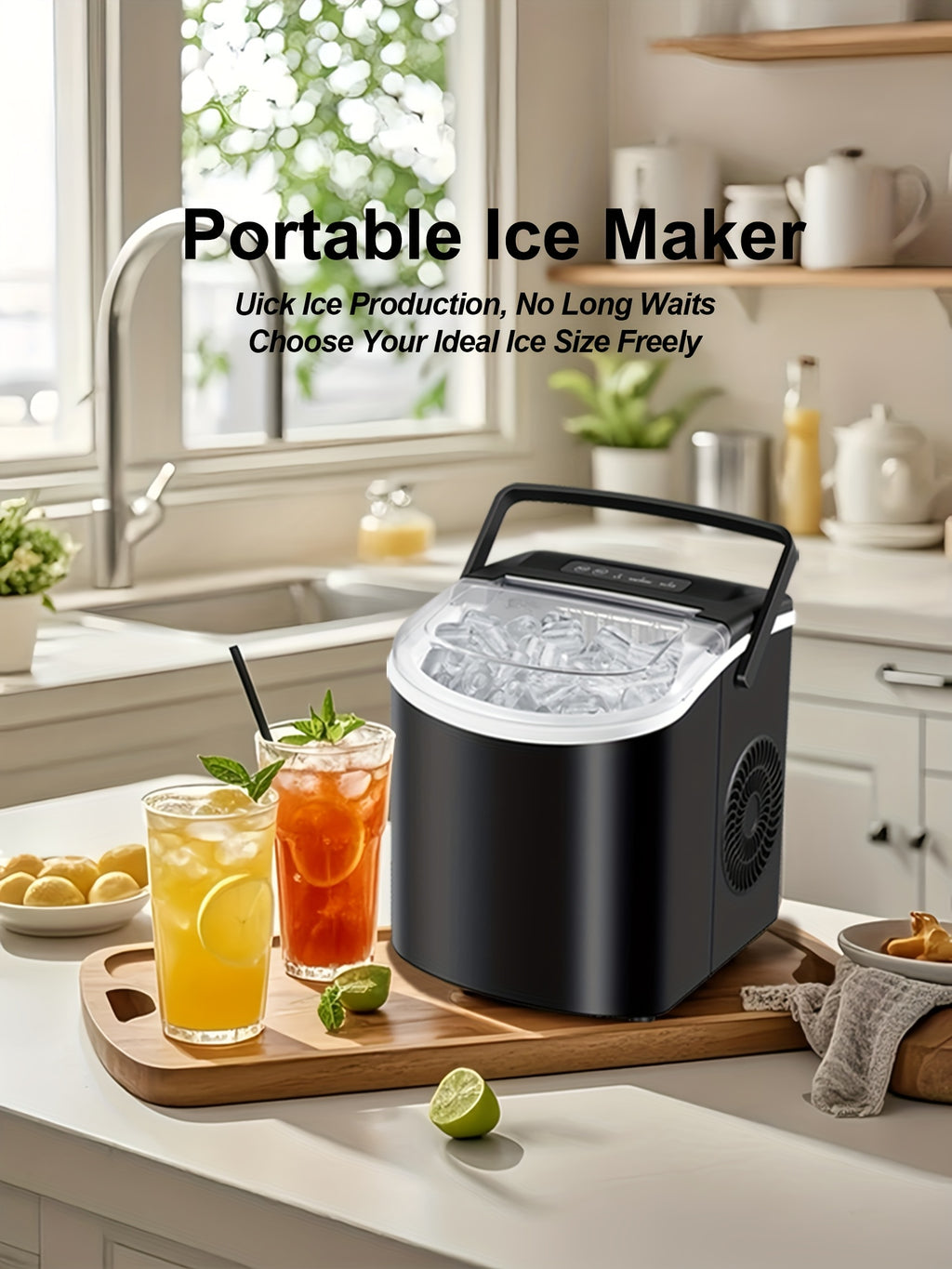 [Portable Ice Maker] Countertop Ice Maker With Handle, Produces 29 Pounds Of Ice In 24 Hours, Makes 9 Ice Cubes In 6 Minutes. Portable Ice Maker Comes With A Basket And Ice Scoop