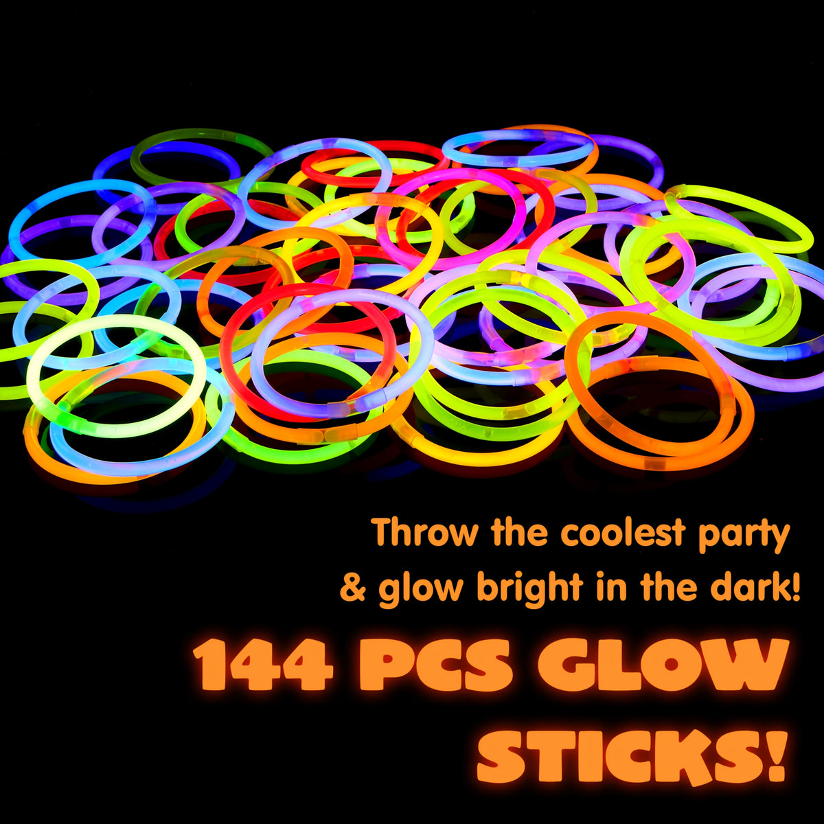 8-Inch Glow Sticks 144-Pack in Seven Colors, Bulk Glow Party Favors for Bracelet and Necklace Activities, Halloween, Birthdays and Football Celebrations